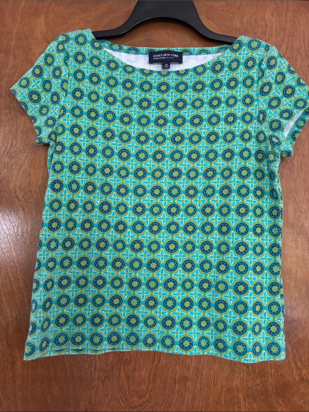 Jones New York Teal and Lime Geometric Short Sleeve Top Size Petite Medium